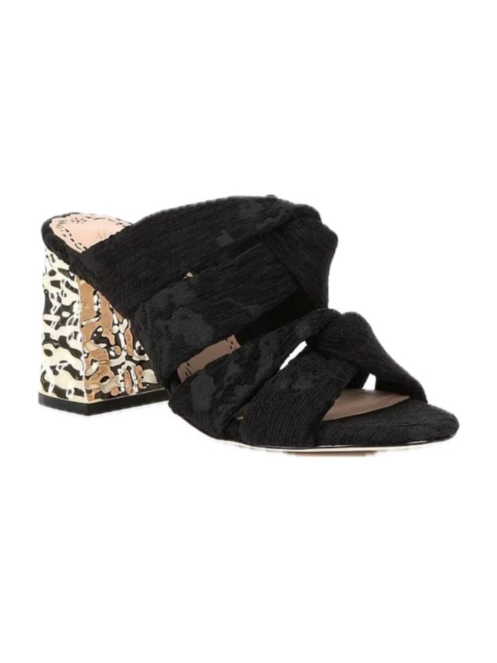 Muse Black Knotted Slide Mule with Metallic Patterned Block Heel